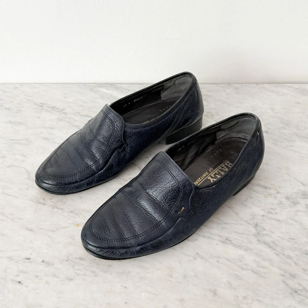 Vintage‎ Bally Caslano 1083 Loafers 8.5 Navy Blue Textured Leather Dress Shoes